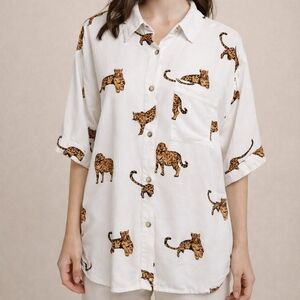 A Hint of Blush Leopard Print Button Down Shirt Safari Animal Print Blouse – XL
